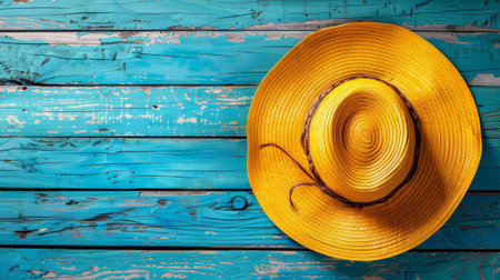 A yellow hat on a blue painted wall with wooden boards, AIの素材