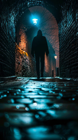 A person walking down a dark tunnel at night, AIの素材