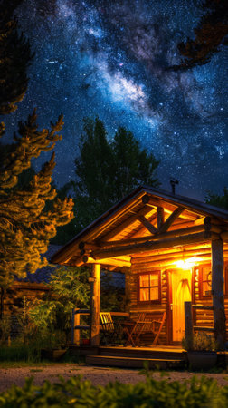 A cabin lit up at night with a view of the stars, AIの素材