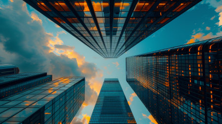 A view of a group of tall buildings looking up at the sky, AIの素材