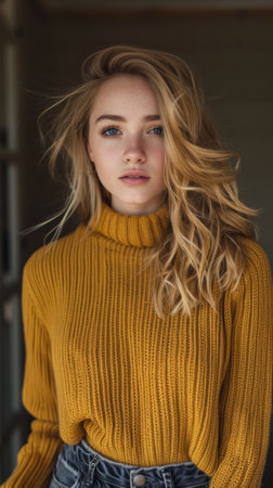 A woman with blonde hair wearing a yellow sweater and jeans, AIの素材