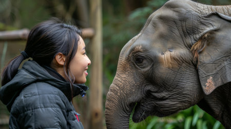 A woman standing next to an elephant with a smile on her face, AIの素材