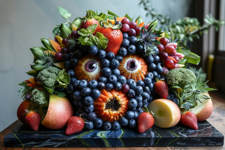 A display of a bunch of fruits and vegetables arranged in the shape of an animal, AIの素材