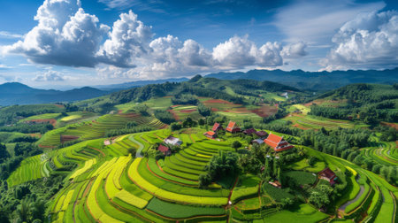 A view of a beautiful landscape with many green fields, AIの素材