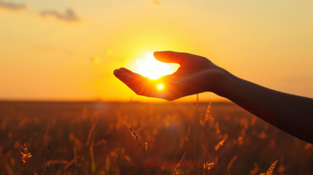 A person holding out their hand in a field with the sun setting, AIの素材