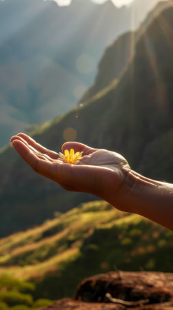 A person holding a small flower in their hand with mountains behind them, AIの素材