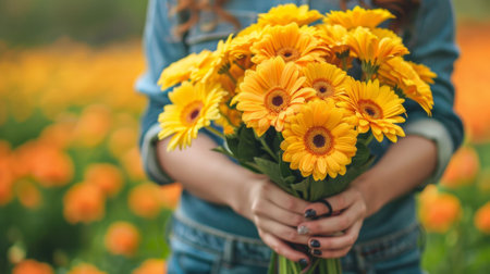 A woman holding a bunch of yellow flowers in her hands, AIの素材