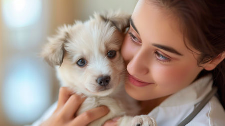 A woman holding a small white dog in her arms, AIの素材