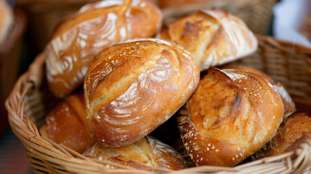 A basket of bread is sitting in a brown wicker bowl, AIの素材