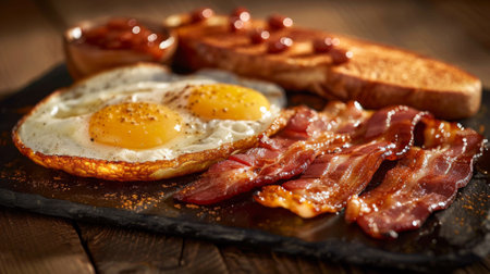 A plate of bacon, eggs and toast with ketchup on it, AIの素材