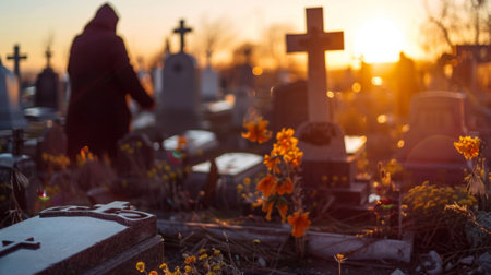 A person walking through a cemetery at sunset with flowers and graves, AIの素材