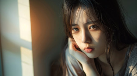 A woman with long hair sitting in a window looking down, AIの素材