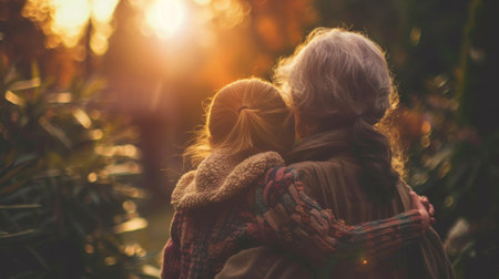 A woman and child walking through a park with the sun behind them, AIの素材