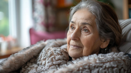 An older woman is sitting in a chair with her head down, AIの素材