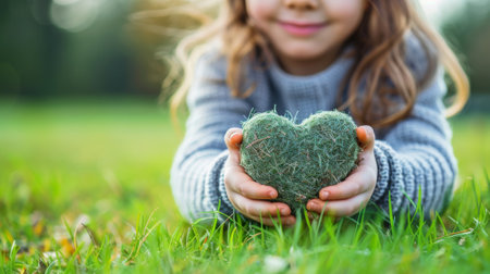 A little girl holding a heart shaped grassy object in her hands, AIの素材