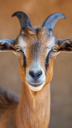 A goat with long horns and a brown face looking at the camera, AIの素材