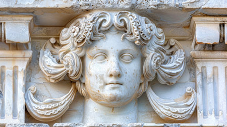 A close up of a stone head on the side of an old building, AIの素材