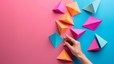 A hand is reaching out to touch a colorful paper triangle, AIの素材