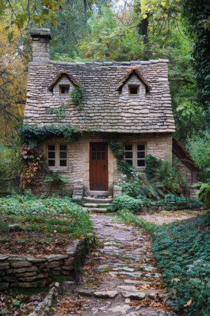 A stone house with a path leading to it in the woods, AIの素材