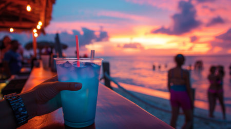 A person holding a drink at the bar on top of a wooden deck, AIの素材