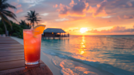 A drink is sitting on a wooden table next to the ocean, AIの素材