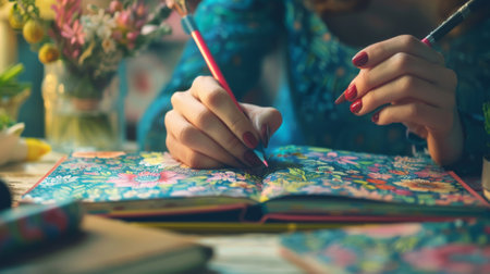 A woman holding a pencil and writing on an open book, AIの素材