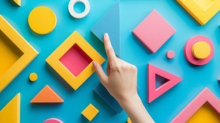 A hand pointing at a colorful geometric wall with shapes, AIの素材
