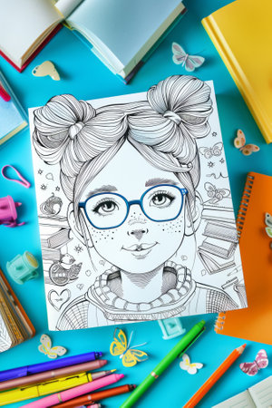 A drawing of a girl with glasses and hair sitting on top of school supplies, AIの素材