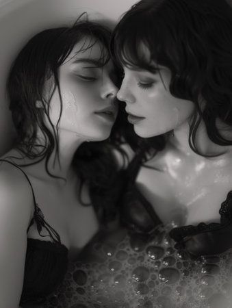 Two women in lingerie are kissing each other while taking a bath, AIの素材