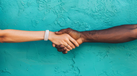 A black man and white woman shaking hands in front of a blue wall, AIの素材
