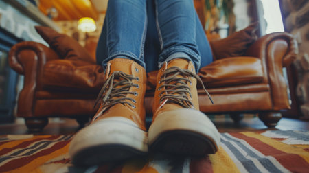 A person sitting on a couch with their feet up in the air, AIの素材