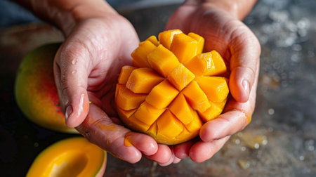 A person holding a mango in their hands with the skin cut off, AIの素材