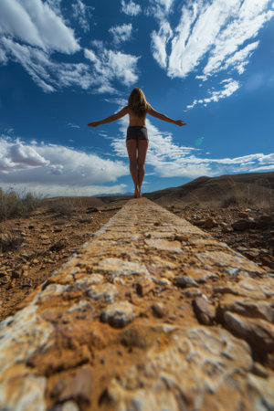 A woman walking on a path with her arms outstretched, AIの素材