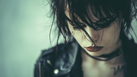 A woman with black hair and a leather jacket looking down, AIの素材