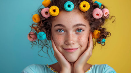 A young girl with hair curlers in her hair posing for a picture, AIの素材