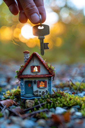 A miniature house with a key in the front yard, AIの素材