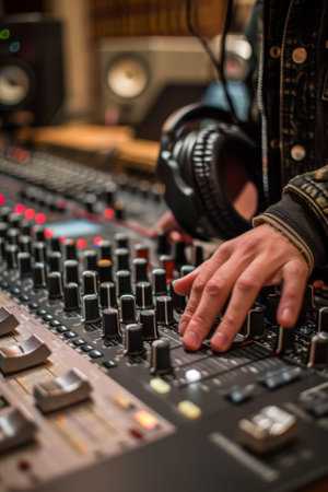 A person is using a mixer to mix music in the studio, AIの素材