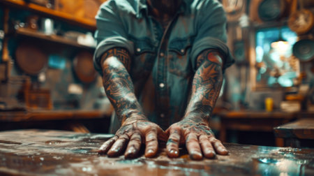 A man with tattoos on his arms and hands working in a kitchen, AIの素材