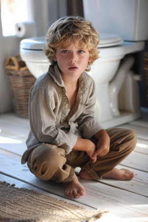 A young boy sitting on the floor in front of a toilet, AIの素材