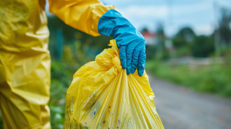A person in yellow gloves holding a bag of trash, AIの素材
