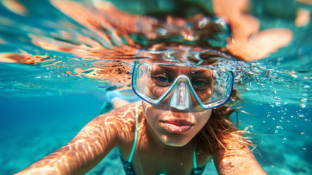 A woman wearing a snorkel and goggles underwater, AIの素材