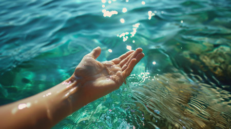 A persons hand reaching out to the water in a clear blue ocean, AIの素材