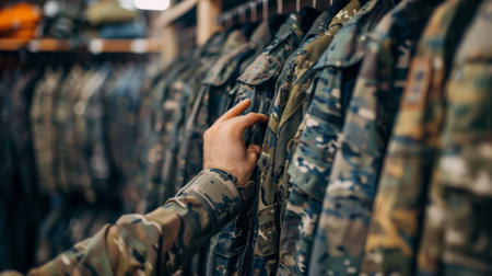 A person is looking at a rack of camouflage clothing, AIの素材