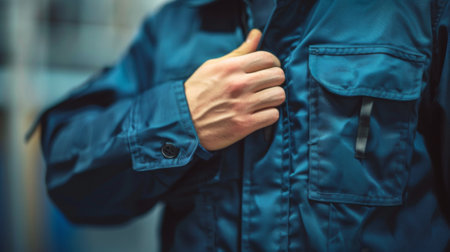 A man in a blue jacket adjusting his tie while standing, AIの素材