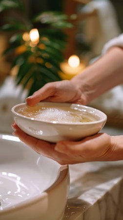 A person holding a bowl of water with soap in it, AIの素材