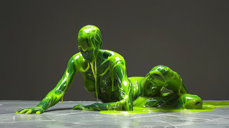 A sculpture of a woman laying on her back with green liquid dripping from her body, AIの素材