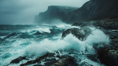 A large wave crashing over a rocky shoreline near the ocean, AIの素材