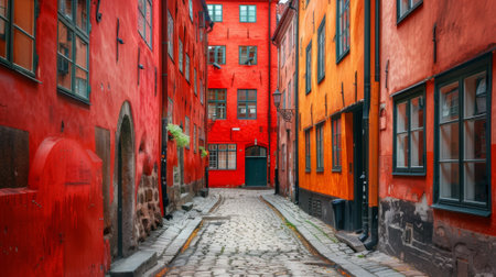 A narrow alleyway with red buildings and a cobblestone path, AIの素材