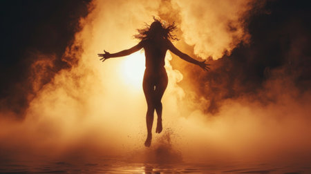 A woman jumping into a pool of water with smoke rising, AIの素材