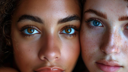Two women with freckles and brown eyes are posing for a picture, AIの素材
